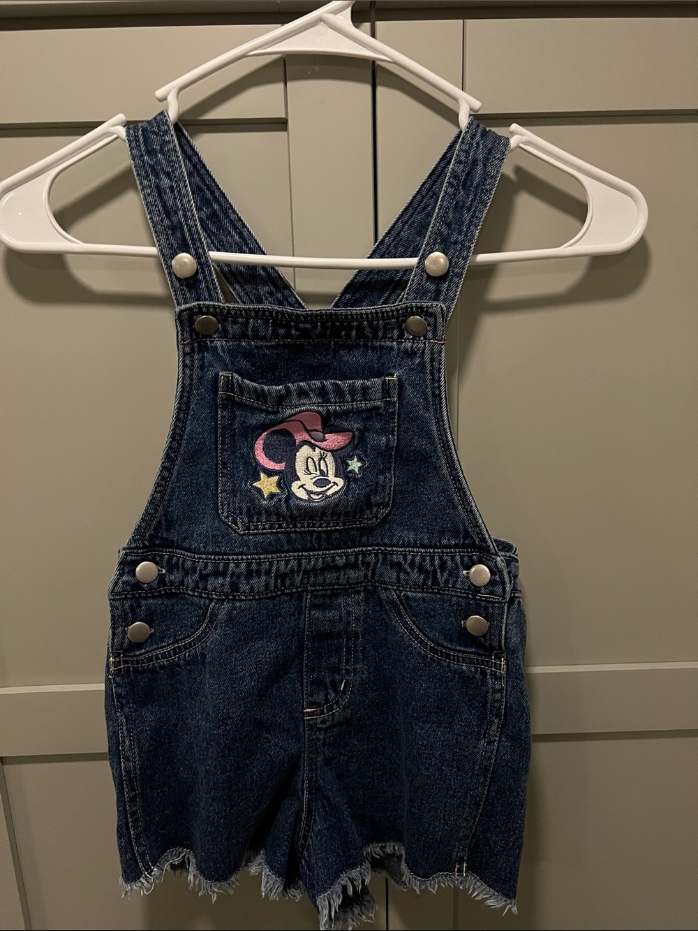 90’s Disney Dark Blue Denim Short Overalls with Minnie Pocket
Cute cute
